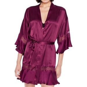 Victoria's Secret Flounce Dressing Gown Kimono Wrap Robe Satin Lace Plum XS